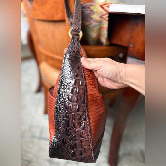 Brahmin Maggie Two Tone Brown Croc-Embossed Leather Hobo With Brass Hardware - Picture 6 of 17